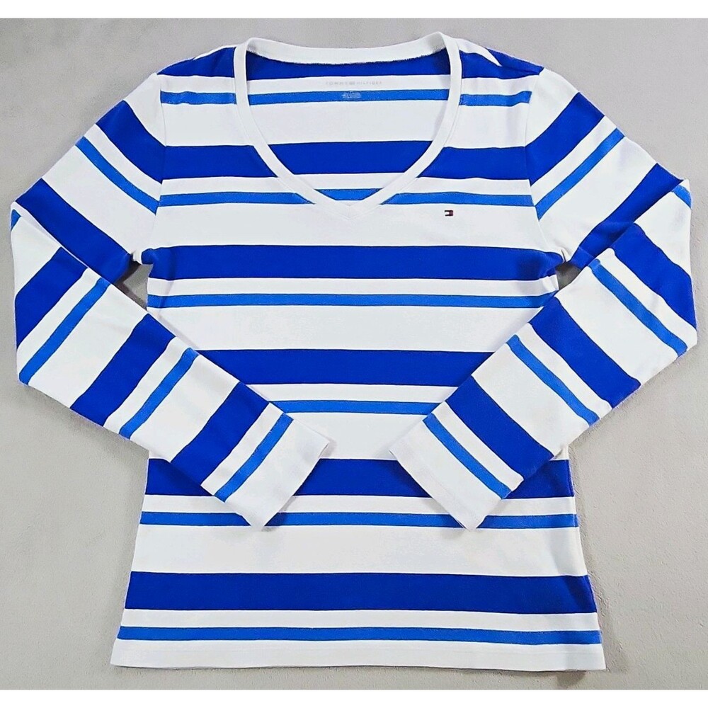 Tommy Hilfiger Women's M Blue White Striped V-Neck Long Sleeve Knit T-Shirt